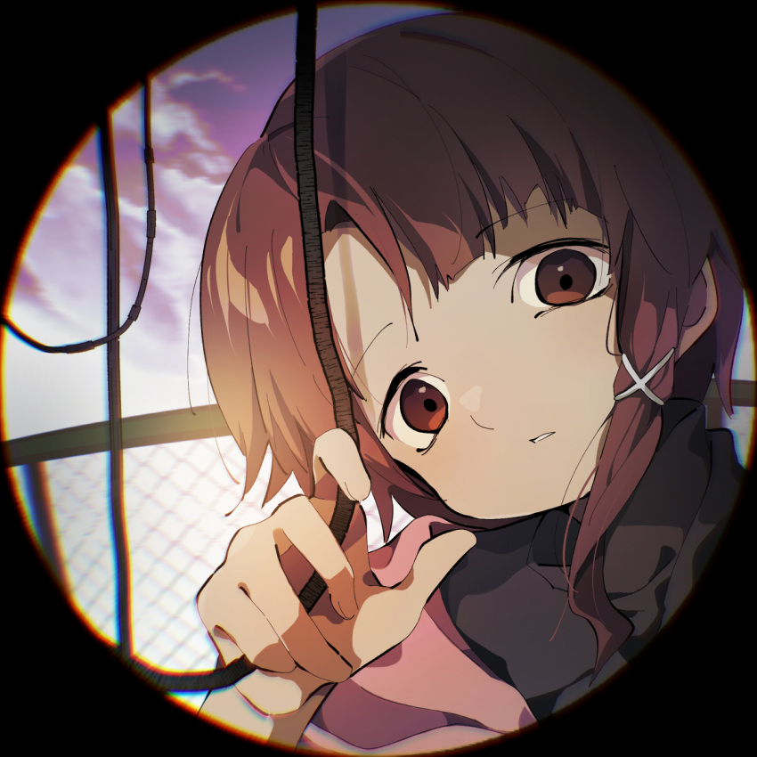 asymmetrical_bangs, asymmetrical_hair, black_border, black_sweater, blurry, blurry_background, border, brown_eyes, brown_hair, chain-link_fence, chromatic_aberration, circular_border, clouds, cloudy_sky, commentary, fence, fingernails, hair_ornament, hand_up, head_tilt, highres, iwakura_lain, jacket, light, looking_at_viewer, medium_hair, outdoors, parted_lips, pink_jacket, serial_experiments_lain, shadow, single_sidelock, sky, sui_hope, sweater, turtleneck, turtleneck_sweater, upper_body, wire, x_hair_ornament