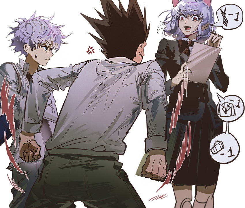 1other, 2boys, alternate_costume, anger_vein, animal_ears, cat_ears, chimera_ant, corraboar