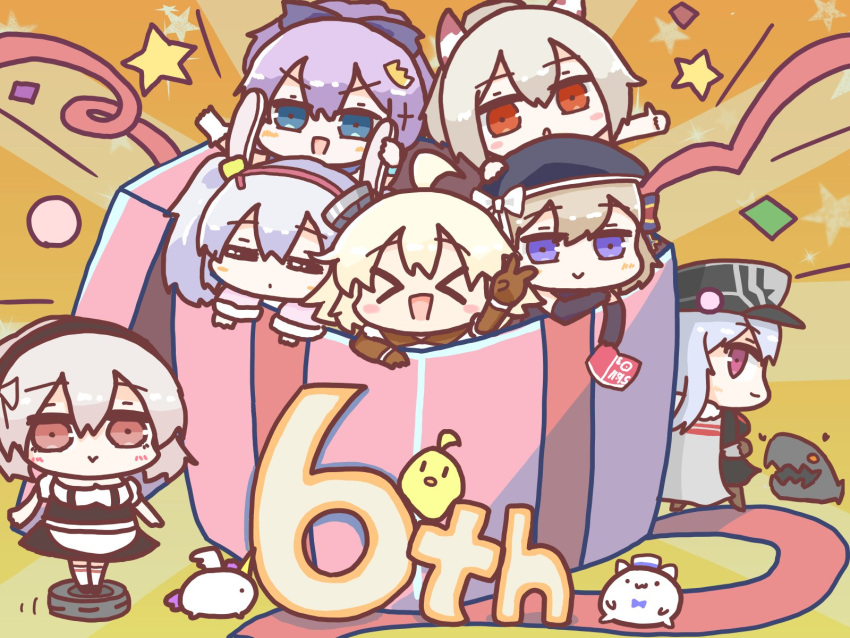 >_<, 6+girls, animal_ears, ayanami_(azur_lane), azur_lane, beret, black_dress, black_gloves