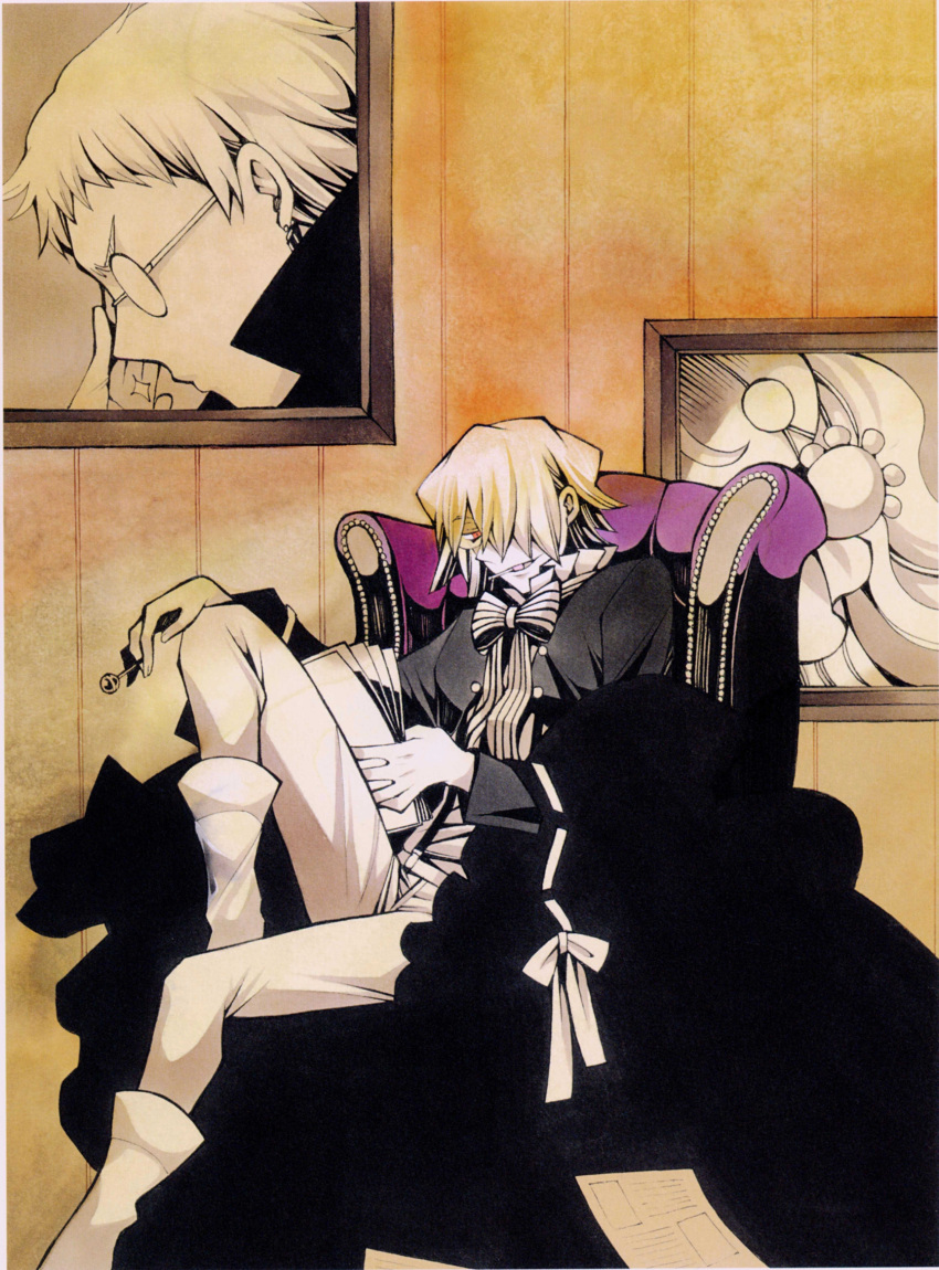 candy, emily_(pandora_hearts), formal, hair_over_one_eye, highres, liam_lunettes, mochizuki_jun, official_art, pandora_hearts, red_eyes, scan, short_hair, silver_hair, sitting, smile, xerxes_break