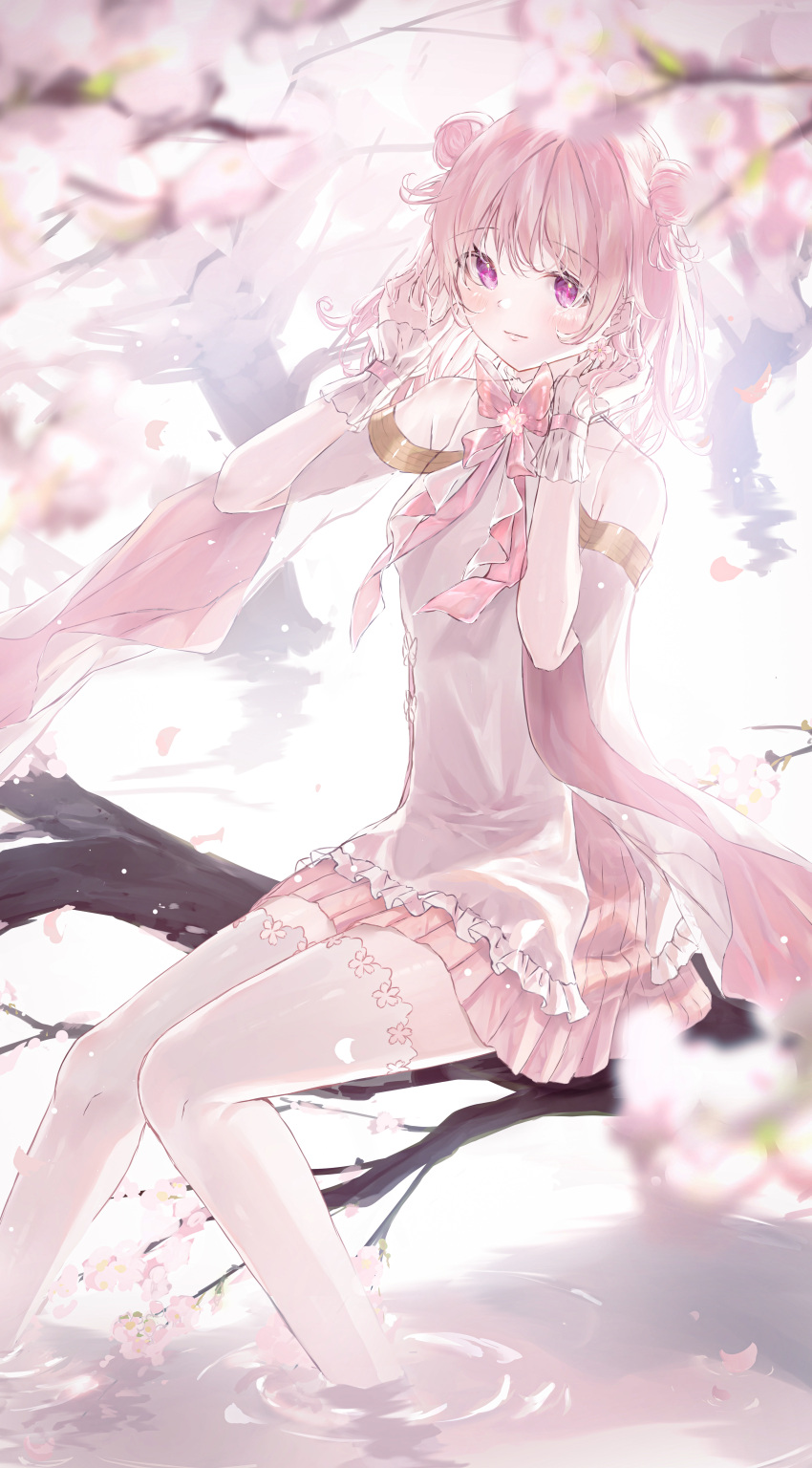 1girl, absurdres, bare_shoulders, blush, cherry_blossoms, closed_mouth, commentary_request, detached_sleeves