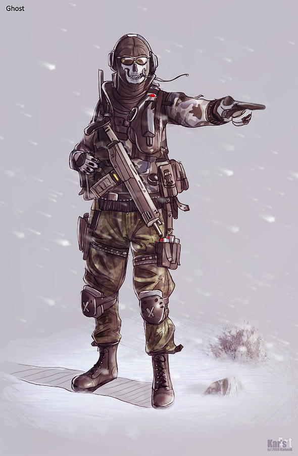 1boy, adaptive_combat_rifle, ammunition_pouch, assault_rifle, belt, belt_buckle, black_belt, black_footwear, black_gloves, boots, buckle, call_of_duty, call_of_duty:_modern_warfare_2, camouflage, camouflage_jacket, camouflage_pants, character_name, combat_boots, commentary, cross-laced_footwear, day, english_commentary, facing_viewer, full_body, ghost_(modern_warfare_2), gloves, green_pants, grey_jacket, grey_sky, gun, headset, impact_(font), jacket, karanak, knee_pads, lace-up_boots, load_bearing_vest, long_sleeves, male_focus, mask, military_jacket, military_operator, multicolored_clothes, multicolored_jacket, on_ground, outdoors, pants, pants_tucked_in, pointing, pointing_forward, pouch, rifle, rock, skull_mask, sky, snow, snowing, solo, standing, sunglasses, tactical_clothes, thigh_pouch, two-tone_gloves, urban_camouflage, weapon, white_gloves, white_jacket, winter, winter_uniform, x