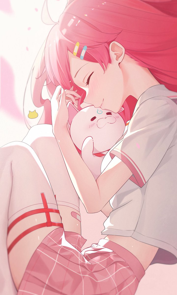 1girl, 35p_(sakura_miko), ahoge, blush, closed_eyes, hair_ornament, hairclip, highres, hololive, long_hair, pink_hair, sakashita_001, sakura_miko, simple_background, skirt, smile, solo, thigh-highs, virtual_youtuber, white_background, white_thighhighs