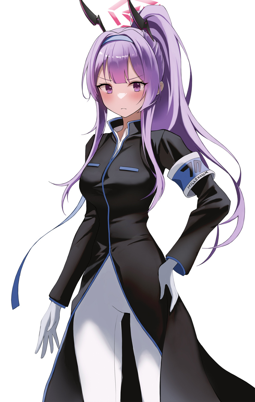 1girl, absurdres, armband, black_coat, bllustration, blue_archive, blue_armband, blue_hairband, blush, breasts, closed_mouth, coat, commentary_request, cowboy_shot, gloves, hairband, halo, hand_on_own_hip, high_ponytail, highres, long_coat, long_hair, long_sleeves, looking_ahead, medium_breasts, official_alternate_costume, pants, pink_halo, ponytail, simple_background, solo, standing, utaha_(blue_archive), utaha_(cheer_squad)_(blue_archive), violet_eyes, white_background, white_gloves, white_pants