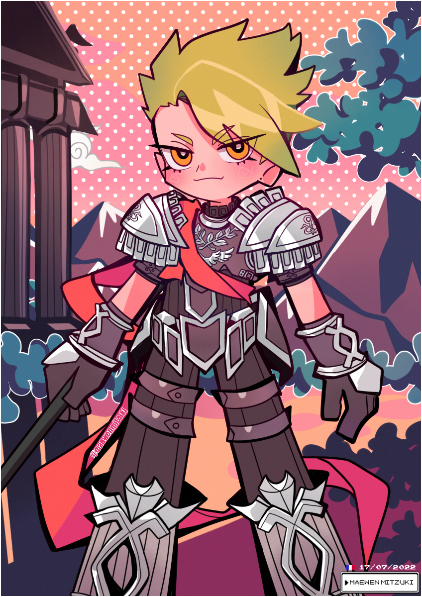 1boy, achilles_(fate), architecture, armor, black_gloves, branch, closed_mouth, clouds