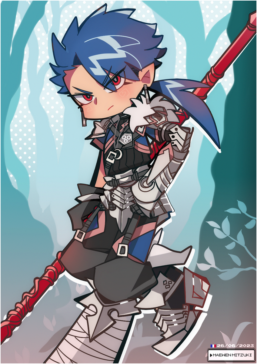 1boy, armor, artist_name, belt, black_belt, blue_hair, closed_mouth, cu_chulainn_(fate)