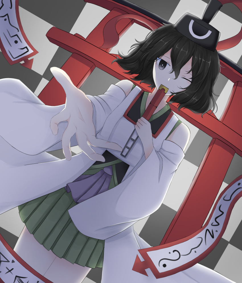 androgynous, black_eyes, black_hair, checkered_background, covered_mouth, hakama, hakama_short_skirt, hakama_skirt, hat, highres, japanese_clothes, kariginu, len'en, looking_at_viewer, miko, ofuda, ofuda_on_clothes, one_eye_closed, open_hand, outstretched_hand, senri_tsurubami, short_hair, skirt, torii, user_mzeu5233, white_footwear, wide_sleeves