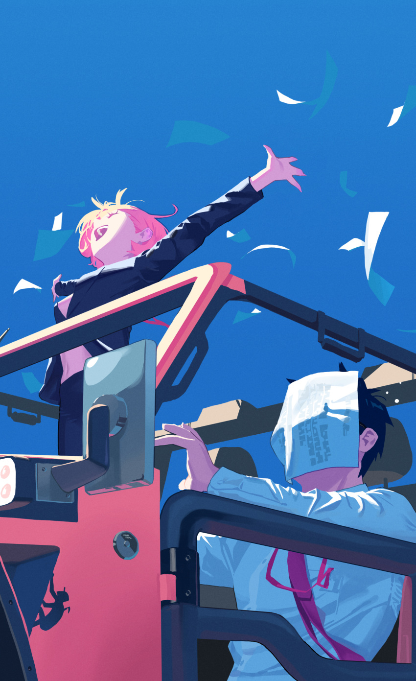 1boy, 1girl, black_hair, black_jacket, black_skirt, blonde_hair, blue_sky, breasts