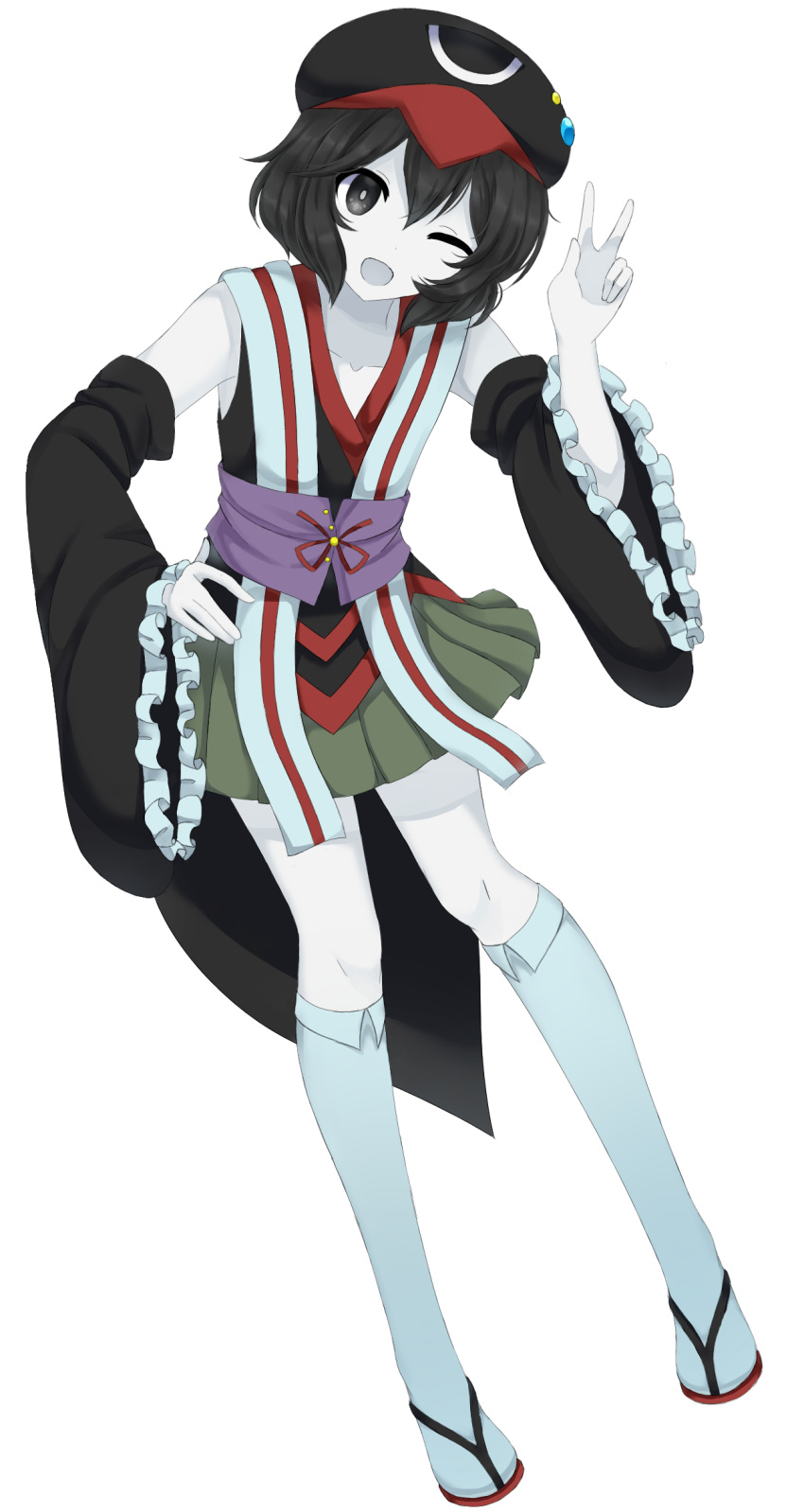 1other, androgynous, black_eyes, black_hair, cabbie_hat, colored_skin, detached_sleeves, full_body
