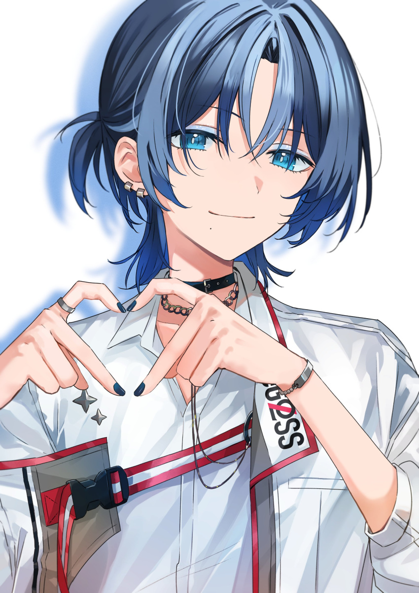 1girl, absurdres, black_collar, blue_eyes, blue_hair, blue_nails, closed_mouth, collar