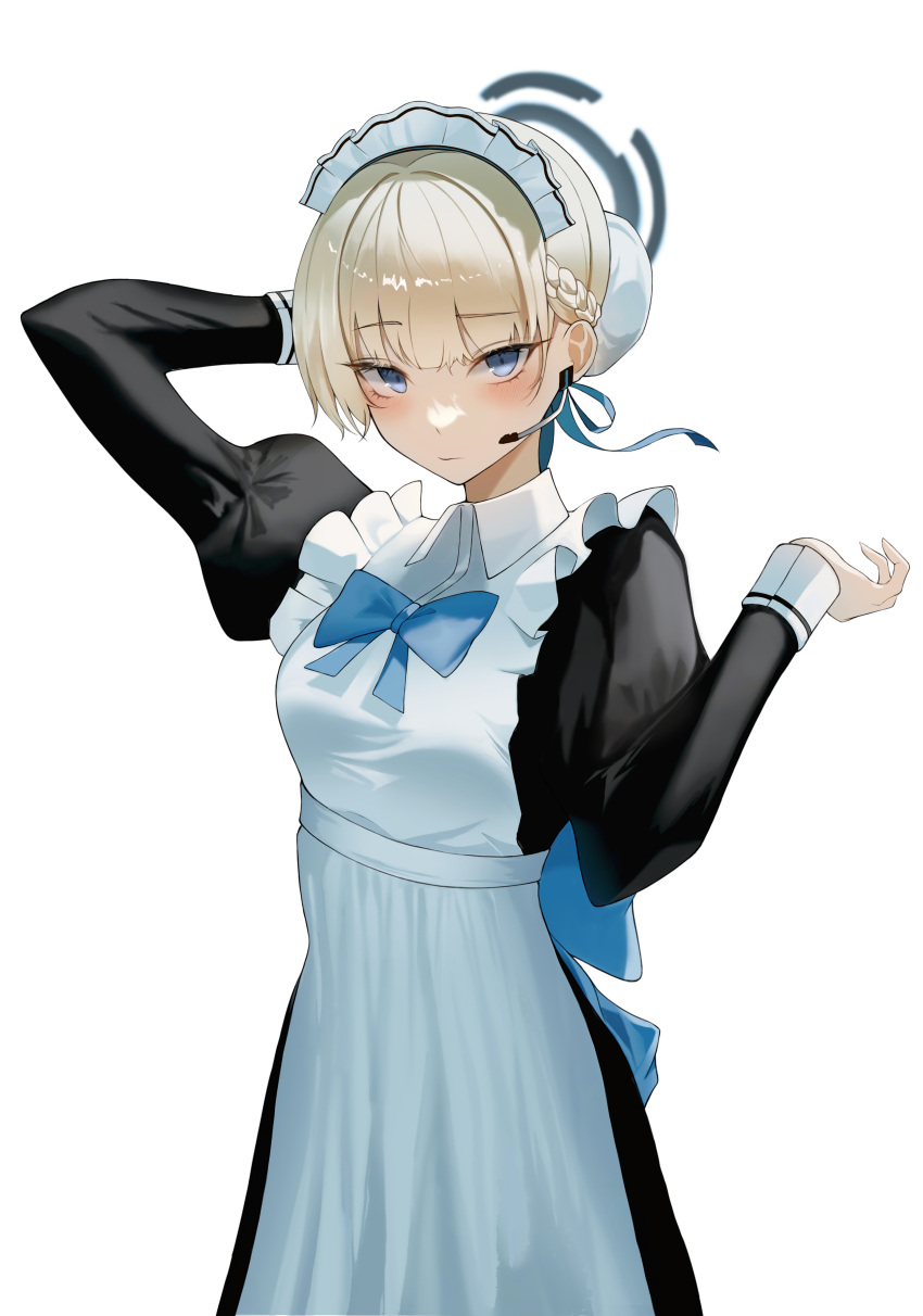 1girl, absurdres, apron, arm_up, black_dress, bllustration, blonde_hair, blue_archive