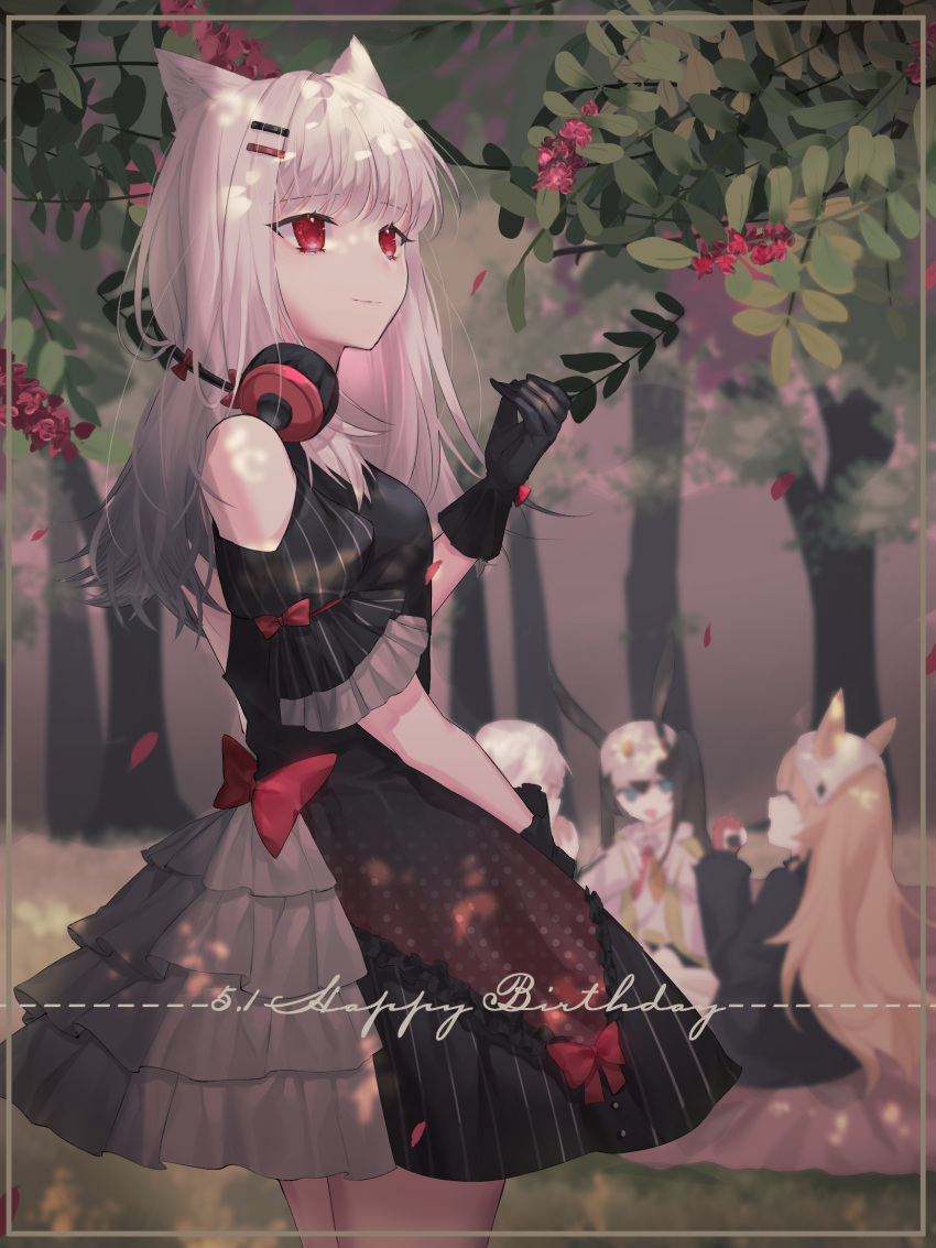 4girls, alternate_costume, amiya_(arknights), amiya_(planter)_(arknights), animal_ears, anllouser, arknights, back_bow, black_dress, black_gloves, blurry, blurry_background, bow, ceobe_(arknights), ceobe_(unfettered)_(arknights), clothing_cutout, cowboy_shot, dress, dress_bow, fox_ears, fox_girl, frostleaf_(arknights), gloves, grey_hair, hair_ornament, hairclip, hand_up, happy_birthday, headphones, headphones_around_neck, highres, leaf, long_hair, multiple_girls, outdoors, petals, picnic, red_bow, red_eyes, short_sleeves, shoulder_cutout, solo_focus, standing