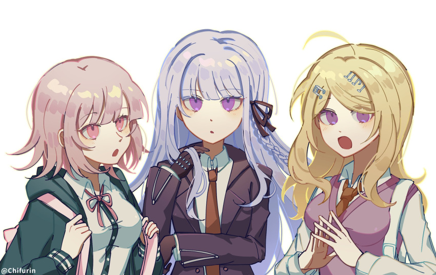 3girls, :o, ahoge, akamatsu_kaede, backpack, bag, black_ribbon, black_shirt