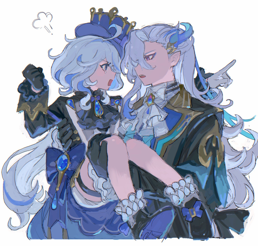 1boy, 1girl, ascot, asymmetrical_gloves, black_ascot, black_gloves, blue_brooch, blue_eyes, blue_gemstone, blue_hair, blue_headwear, blue_jacket, brooch, carrying, carrying_person, coat, cowlick, frills, furina_(genshin_impact), gem, genshin_impact, gloves, gold_trim, hair_between_eyes, hair_ornament, hat, highres, jacket, jewelry, light_blue_hair, long_hair, long_sleeves, looking_at_another, mismatched_gloves, multicolored_hair, neuvillette_(genshin_impact), open_mouth, pointy_ears, princess_carry, sharp_teeth, shimada, shorts, simple_background, streaked_hair, teardrop, tearing_up, teeth, thigh_strap, top_hat, very_long_hair, white_ascot, white_background, white_gloves, white_hair, white_shorts