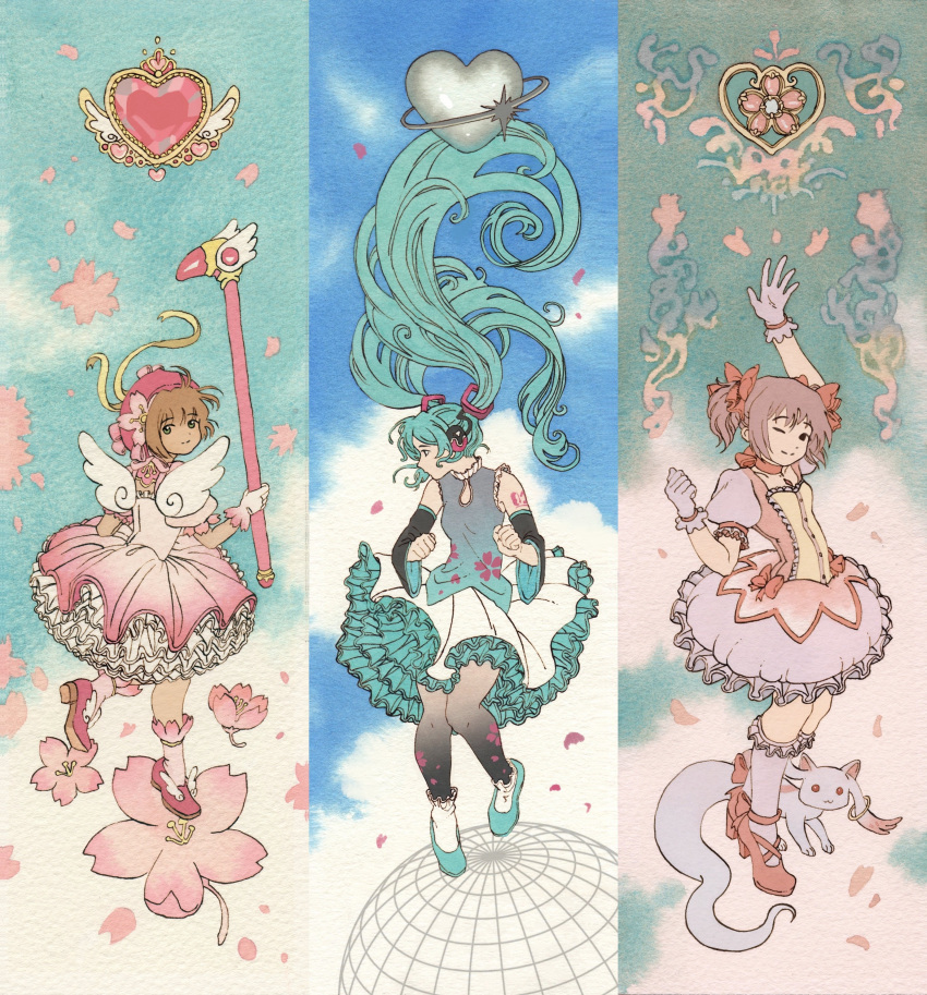 3girls, absurdres, arm_up, blue_hair, bow, bow_choker, brown_hair, bubble_skirt, cardcaptor_sakura, chest_jewel, choker, detached_sleeves, dress, frilled_dress, frilled_socks, frills, from_behind, full_body, fuuin_no_tsue, gloves, green_eyes, hair_bow, hatsune_miku, high_heels, highres, holding, holding_wand, kaname_madoka, kinomoto_sakura, kneehighs, kyubey, long_hair, looking_at_viewer, magical_girl, mahou_shoujo_madoka_magica, multicolored_clothes, multicolored_gloves, multiple_girls, one_eye_closed, pantyhose, patterned_clothing, petals, petticoat, pink_bow, pink_dress, pink_gemstone, pink_gloves, pink_hair, pink_headwear, puffy_short_sleeves, puffy_sleeves, red_choker, red_footwear, russian_commentary, short_hair, short_sleeves, skirt, smile, socks, standing, standing_on_one_leg, traditional_media, twintails, very_long_hair, vinsenta, vocaloid, wand, white_gloves, white_sleeves, white_socks, white_wings, wide_sleeves, wings