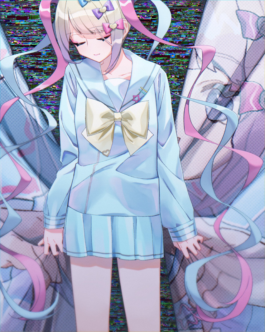 1girl, arms_at_sides, blonde_hair, blue_bow, blue_hair, blue_shirt, blue_skirt, bow, chouzetsusaikawa_tenshi-chan, closed_eyes, closed_mouth, commentary, facing_viewer, glitch, hair_bow, hair_ornament, heart, heart_hair_ornament, highres, long_hair, long_sleeves, multicolored_hair, needy_girl_overdose, oh_(00oh_), pink_bow, pink_hair, pleated_skirt, purple_bow, quad_tails, sailor_collar, school_uniform, serafuku, shirt, skirt, solo, symbol-only_commentary, twintails, very_long_hair, yellow_bow