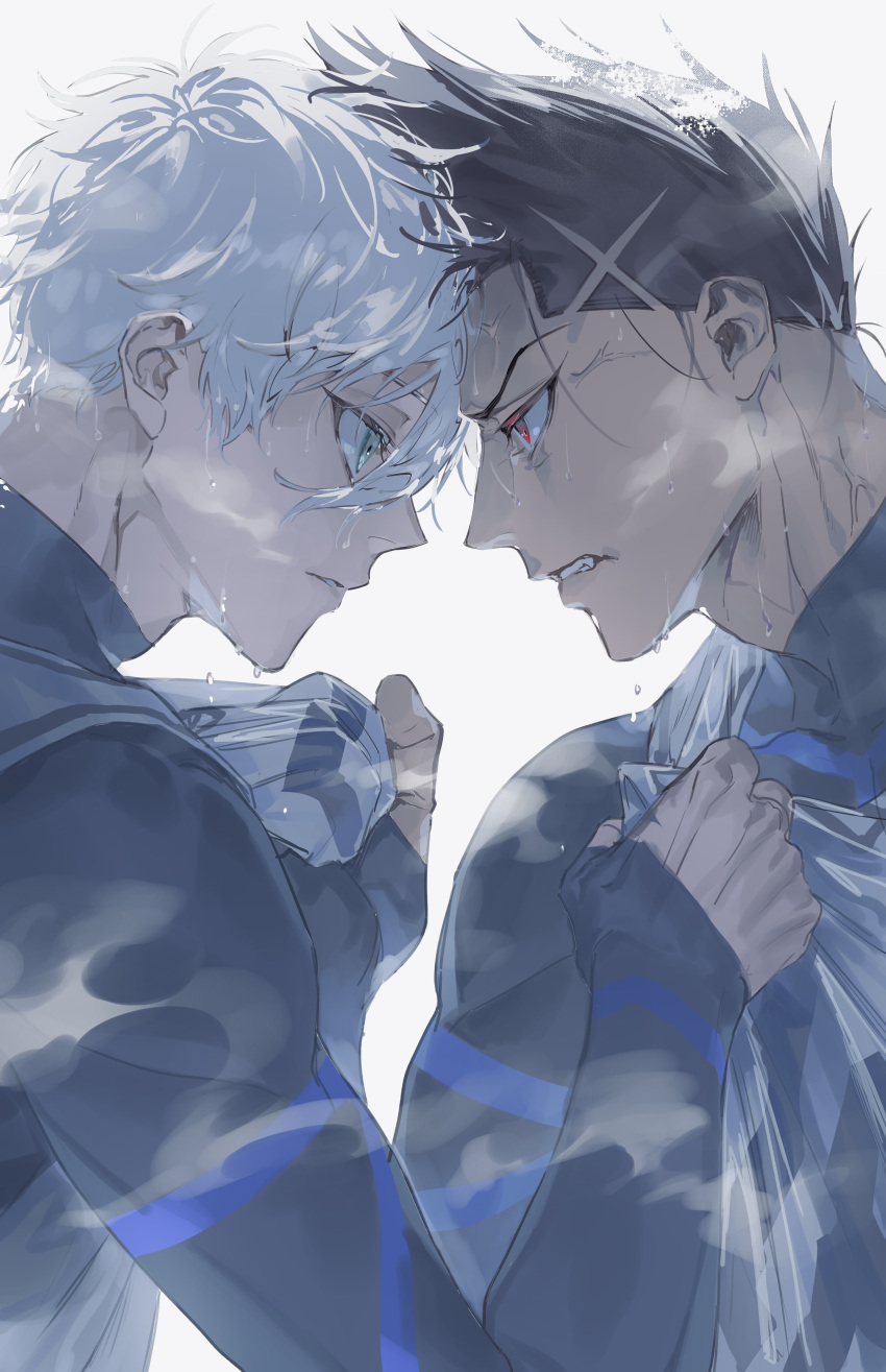 2boys, absurdres, anger_vein, barou_shouei, black_hair, blue_lock, bomber_tarou, clenched_teeth