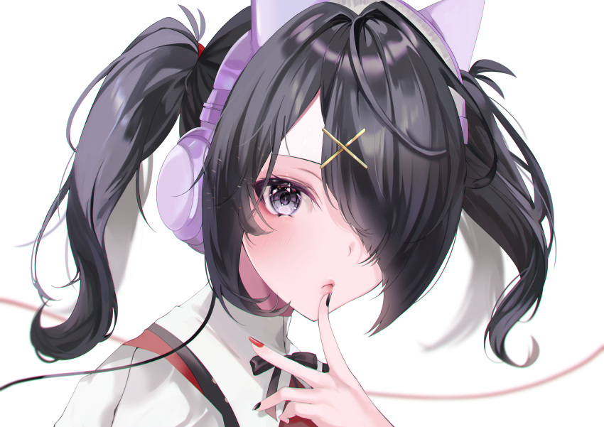 1girl, absurdres, ame-chan_(needy_girl_overdose), animal_ear_headphones, animal_ears, black_eyes, black_hair, black_nails, black_ribbon, blush, cat_ear_headphones, closed_mouth, collar, collared_shirt, commentary_request, fake_animal_ears, finger_to_mouth, hair_ornament, hair_over_one_eye, hair_tie, hairclip, hand_up, headphones, highres, long_hair, looking_at_viewer, multicolored_nails, nail_polish, neck_ribbon, needy_girl_overdose, ozawa_(tuna_316), red_nails, red_shirt, ribbon, shirt, simple_background, solo, twintails, upper_body, white_background, white_collar, x_hair_ornament