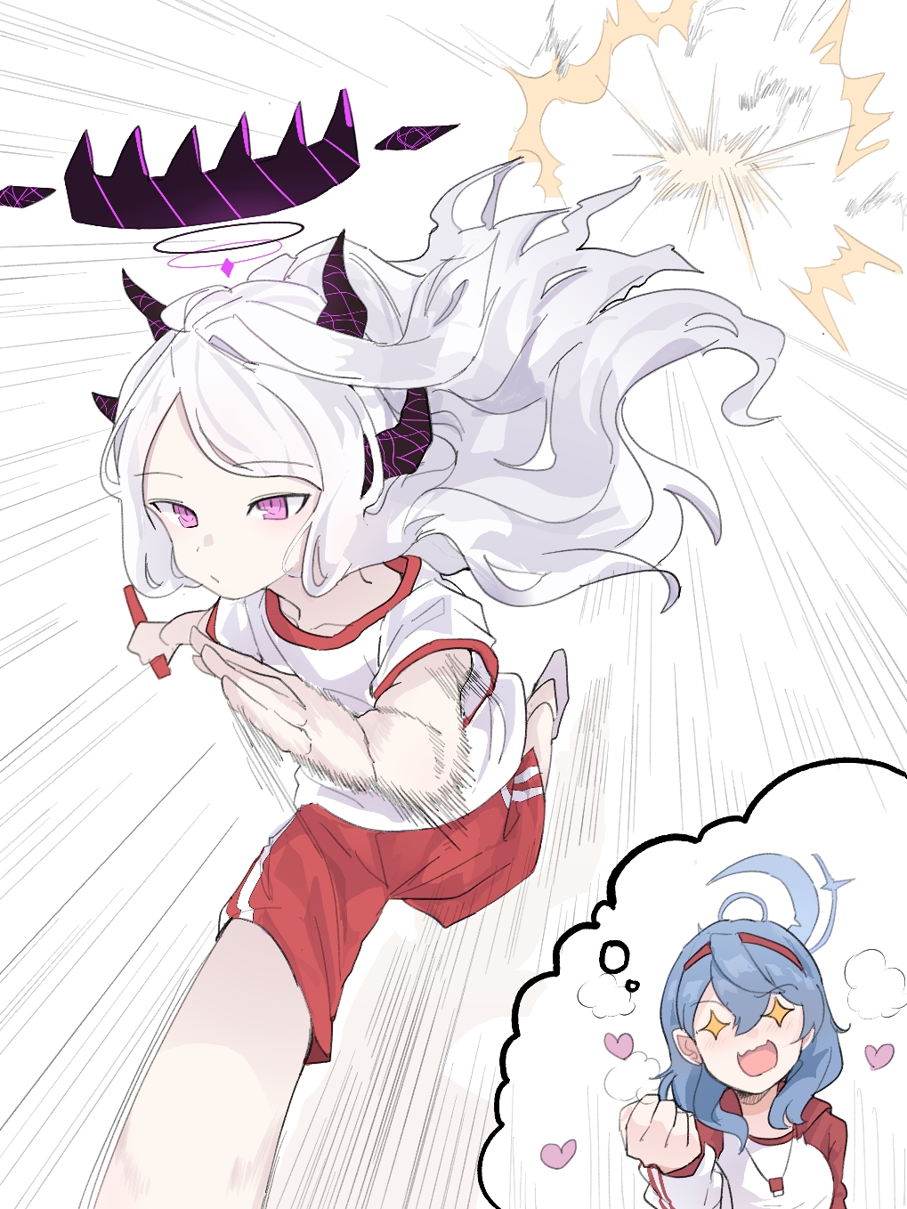 2girls, ako_(blue_archive), black_halo, black_horns, blue_archive, blue_hair, closed_mouth, commentary_request