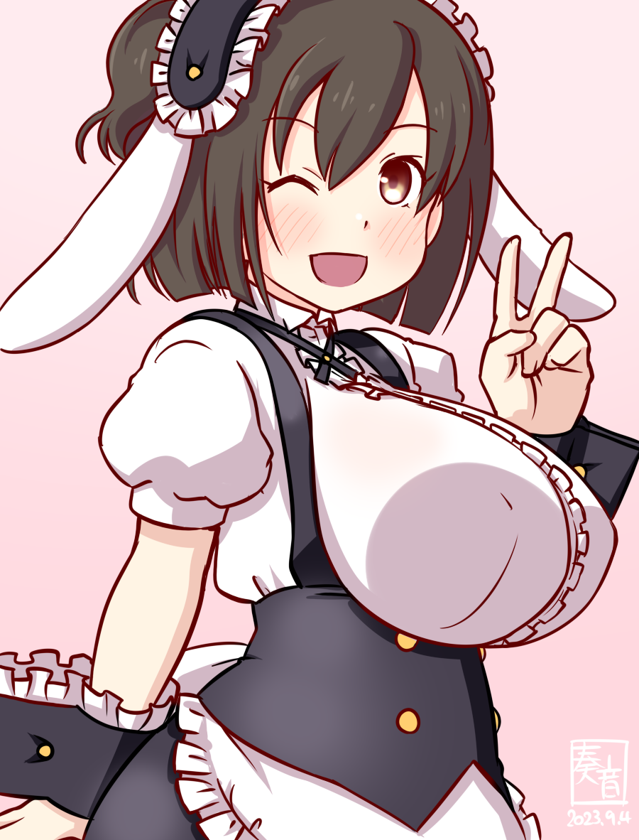 1girl, animal_ears, apron, artist_logo, black_hairband, blush, breasts, brown_eyes