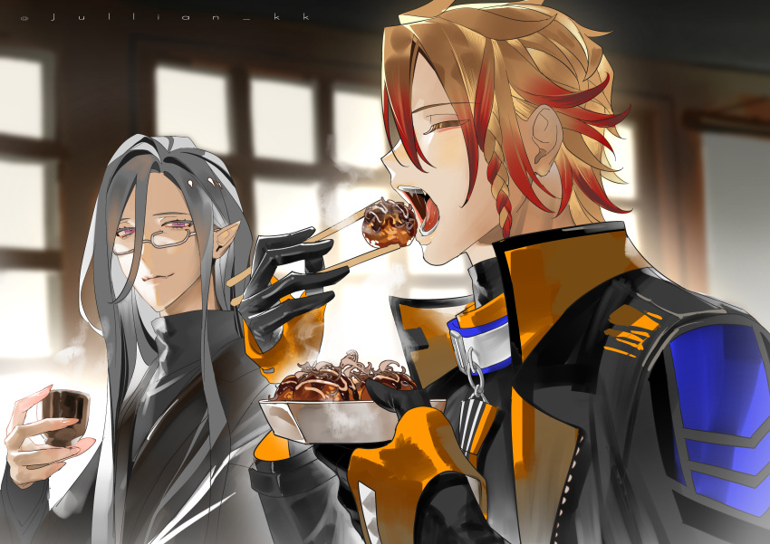 2boys, absurdres, artist_name, axel_syrios, black_gloves, blonde_hair, braid, braided_bangs, chopsticks, closed_eyes, cup, eating, english_commentary, fang, food, from_side, glasses, gloves, grey_hair, hair_between_eyes, high_collar, highres, holding, holding_chopsticks, holding_cup, holding_food, holostars, holostars_english, jacket, jullian_kk, long_hair, looking_at_another, male_focus, multicolored_hair, multiple_boys, noir_vesper, open_clothes, open_jacket, open_mouth, pointy_ears, redhead, saliva, smile, sweater, takoyaki, turtleneck, turtleneck_sweater, twitter_username, two-tone_hair, violet_eyes, virtual_youtuber