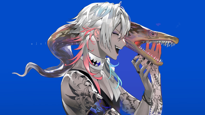 1boy, absurdres, arm_tattoo, artist_name, black_nails, blue_background, blue_hair, closed_eyes