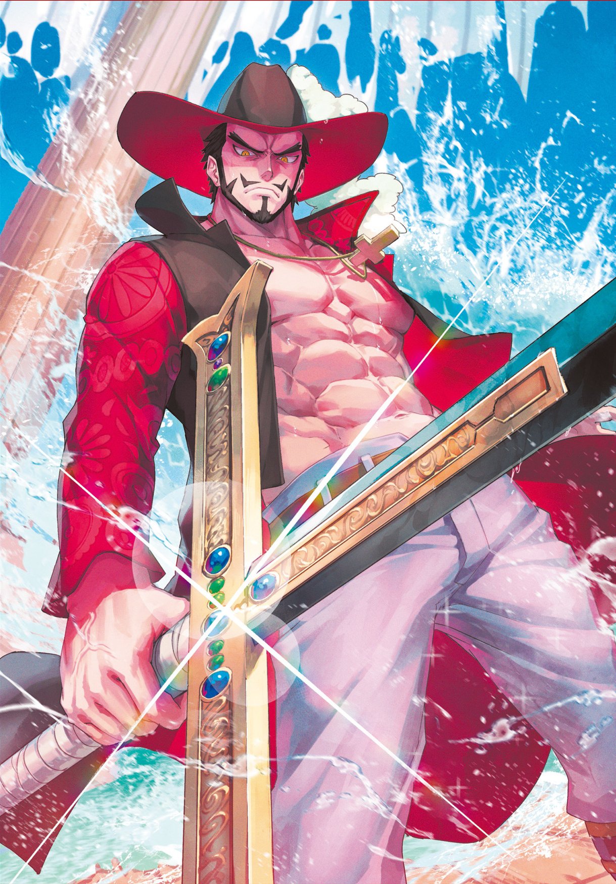 1boy, abs, artist_request, bare_pectorals, beard, black_hair, coat, cross