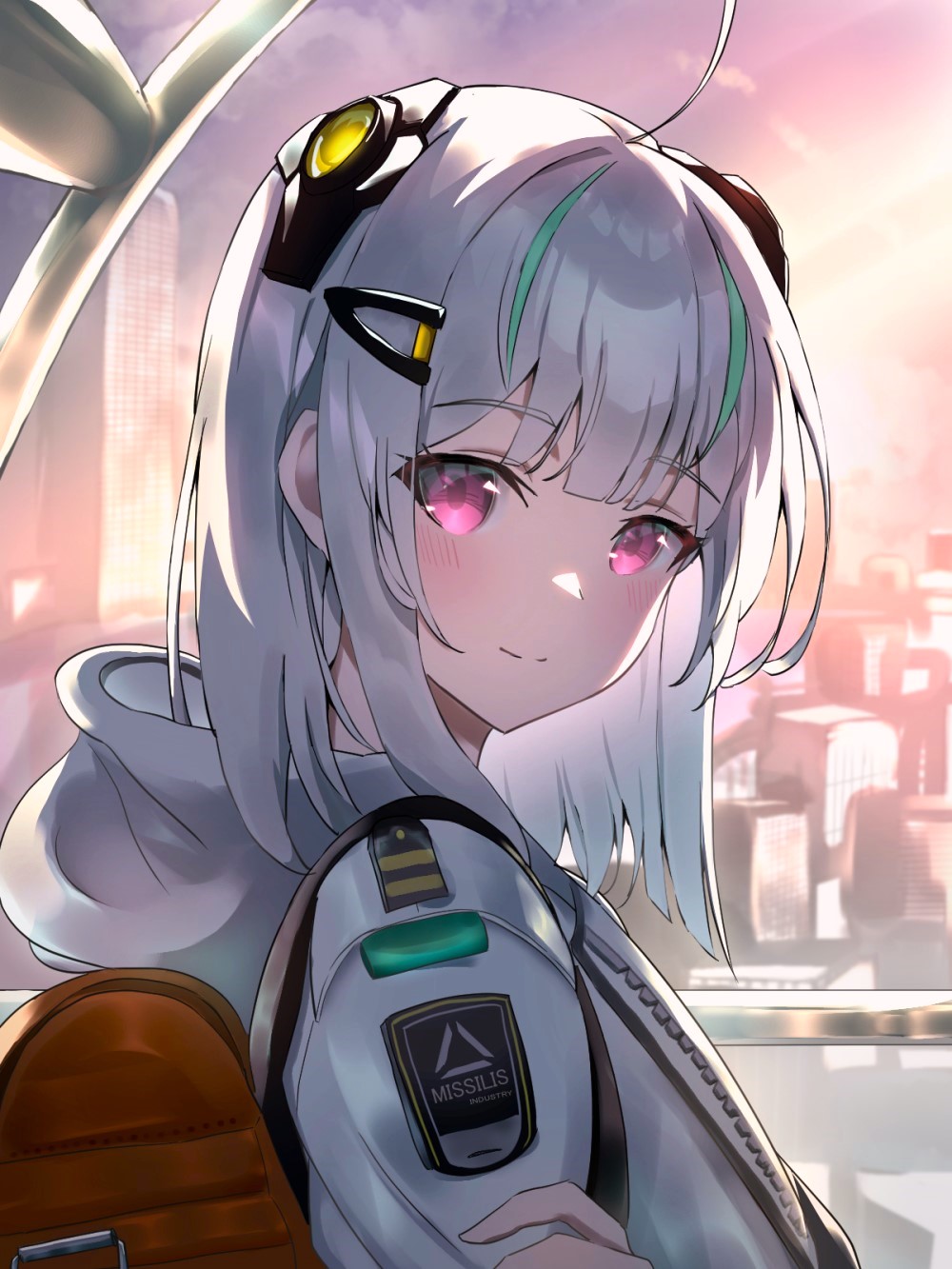 1girl, admi_(nikke), ahoge, bag, bow, bowtie, collared_shirt, goddess_of_victory:_nikke, green_hair, grey_sweater, hair_ornament, hairclip, hatenoga, highres, jacket, light_blush, long_sleeves, looking_at_viewer, medium_hair, multicolored_hair, pink_eyes, school_bag, school_uniform, shirt, sleeves_past_wrists, streaked_hair, sweater, white_hair, white_jacket, white_shirt