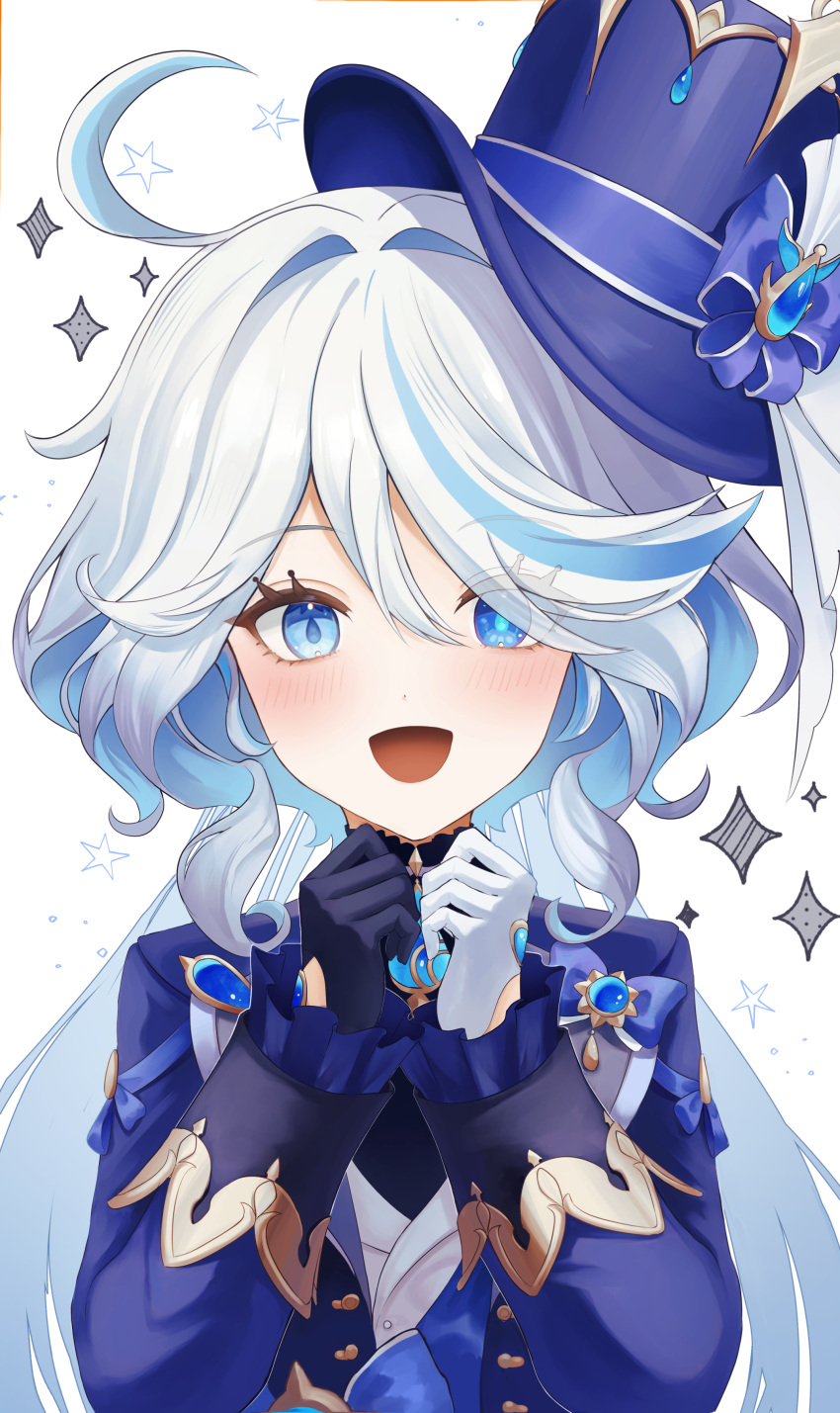 1girl, absurdres, ahoge, ascot, asymmetrical_gloves, black_ascot, black_gloves, blue_eyes