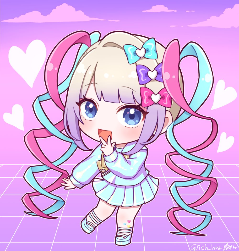 1girl, :d, blonde_hair, blue_bow, blue_eyes, blue_footwear, blue_hair, blue_shirt, blue_skirt, blush, bow, chibi, chouzetsusaikawa_tenshi-chan, clouds, commentary_request, full_body, hair_bow, hair_ornament, hand_up, heart, heart_hair_ornament, ichihara_naga, long_hair, long_sleeves, looking_at_viewer, multicolored_hair, needy_girl_overdose, open_mouth, pink_bow, pink_hair, pleated_skirt, purple_bow, quad_tails, sailor_collar, school_uniform, serafuku, shirt, shoes, skirt, smile, solo, standing, standing_on_one_leg, twintails, v_over_mouth, very_long_hair, yellow_bow
