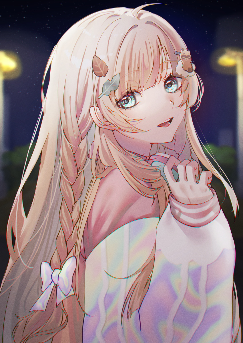 1girl, absurdres, blonde_hair, blue_eyes, braid, hair_ornament, headphones, headphones_around_neck