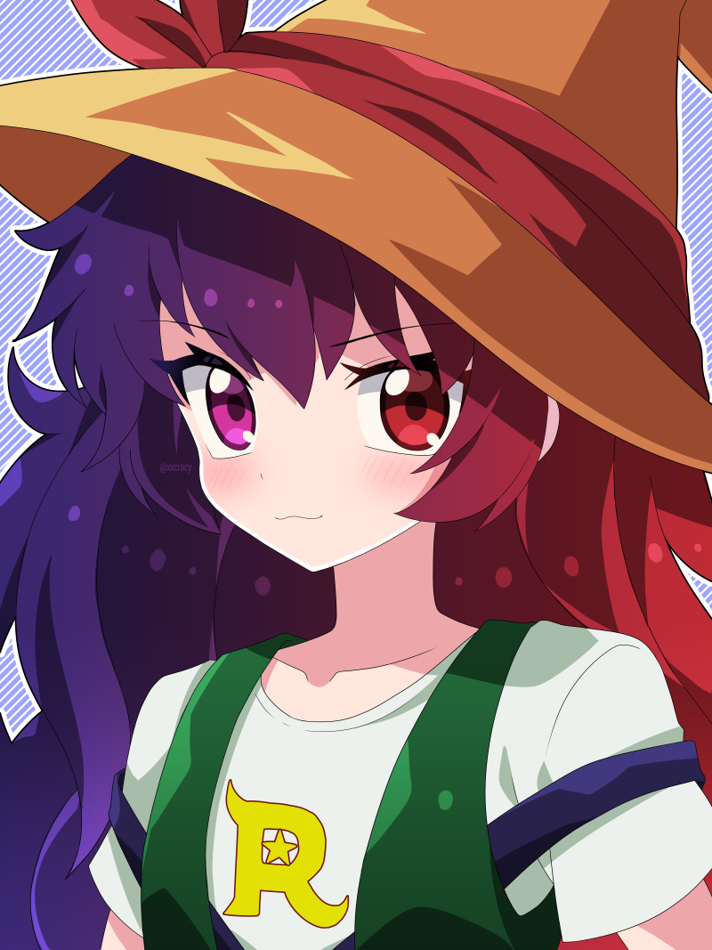 1girl, bandana, blue_overalls, clothes_writing, gradient_hair, hat, heterochromia, kirishima_rovian, kura_(xxcracy), long_hair, looking_at_viewer, multicolored_hair, orange_headwear, overalls, purple_hair, red_bandana, red_eyes, redhead, shirt, smile, solo, violet_eyes, white_shirt, witch_hat, yu-gi-oh!, yu-gi-oh!_go_rush!!