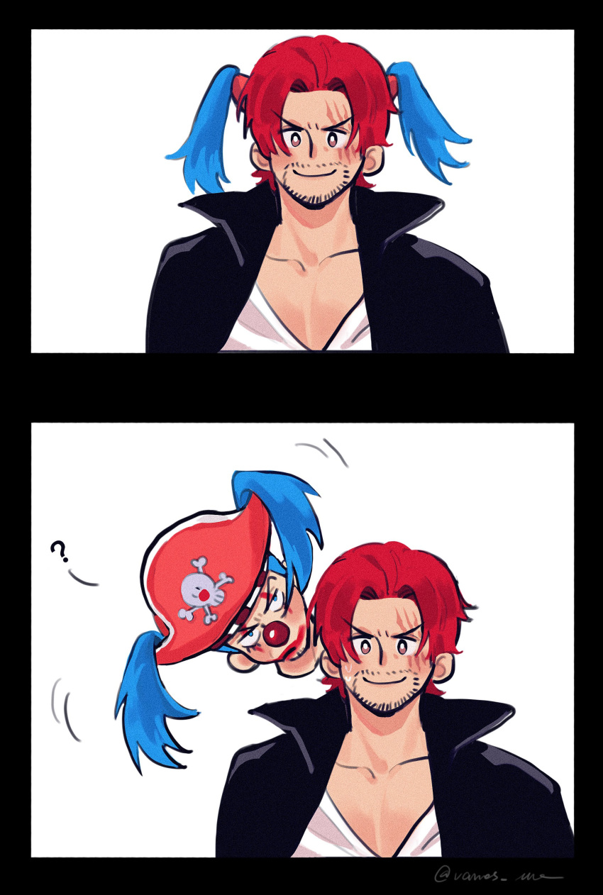 2boys, absurdres, blue_hair, buggy_the_clown, clown_nose, deformed, disembodied_head, fake_hair