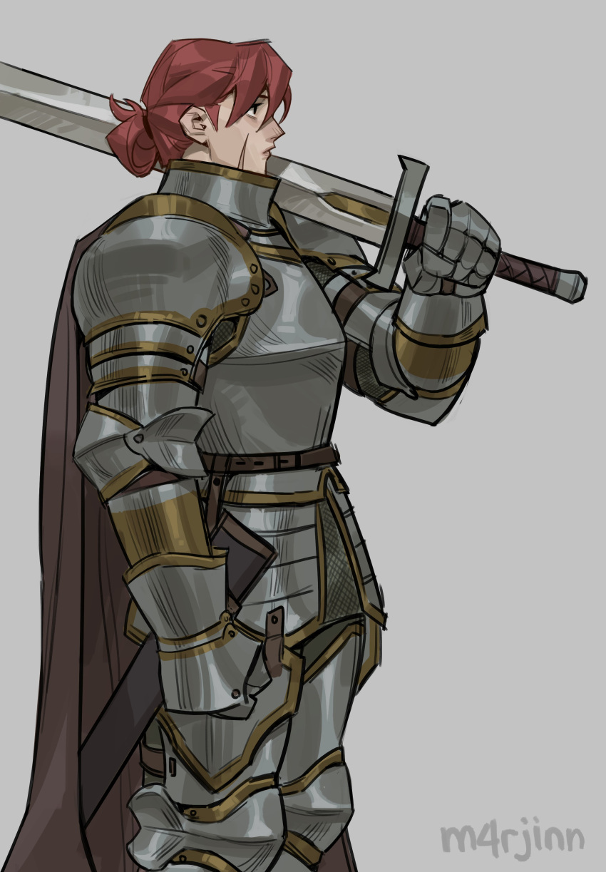 1girl, absurdres, armor, artist_name, brown_cape, cape, from_side, highres