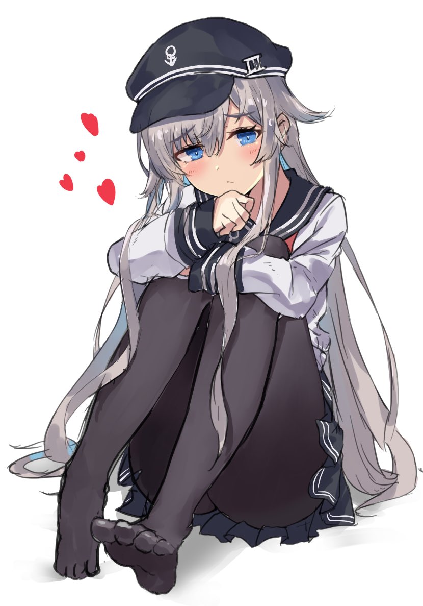 1girl, anchor_symbol, black_pantyhose, blue_eyes, blush, flat_cap, grey_hair, hair_between_eyes