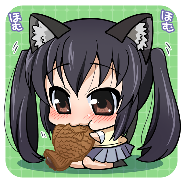 animal_ears, black_hair, brown_eyes, cat_ears, cat_tail, chibi, eating, food