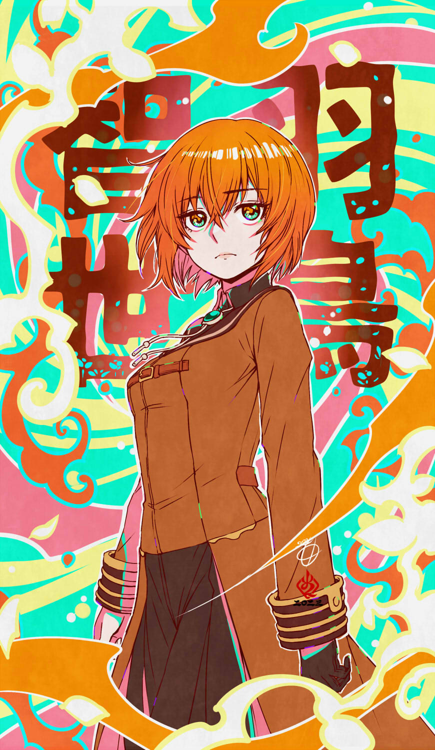1girl, amulet, brown_jacket, character_name, closed_mouth, gloves, green_eyes, hatori_chise