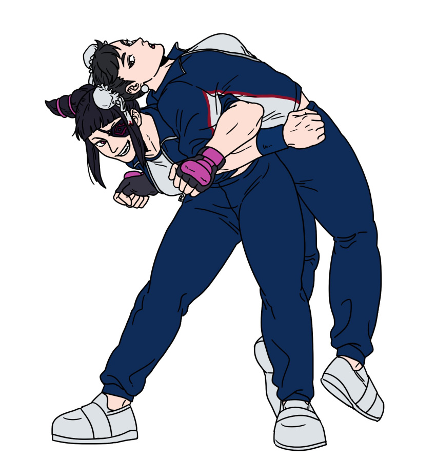 2girls, arm_support, black_gloves, black_hair, blue_pants, blue_track_suit, blue_wristband, chun-li, copyright_request, double_bun, drill_hair, earrings, efd, exercise, eyepatch, fingerless_gloves, furrowed_brow, gloves, grey_footwear, grey_shirt, hair_bun, hair_ornament, han_juri, highres, holding_another's_arm, jewelry, leaning_forward, looking_at_another, looking_back, multiple_girls, open_mouth, pants, partially_unzipped, red_stripes, shirt, smile, street_fighter, street_fighter_v, twin_drills, white_background, yuri, zipper