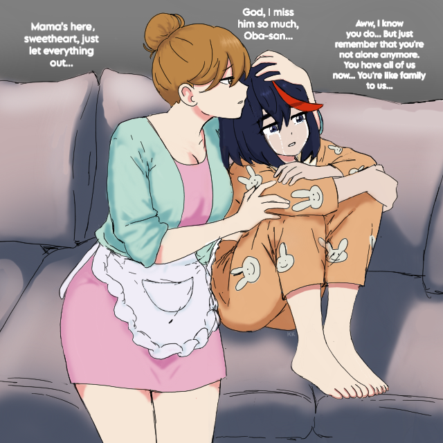 2girls, animal_print, black_hair, brown_eyes, brown_hair, comforting, commentary, commission