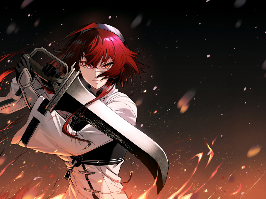 1girl, aged_up, black_gloves, closed_mouth, eris_greyrat, fire, frown, gauntlets, gloves, hair_between_eyes, hibi_gakeppuchi, highres, holding, holding_sword, holding_weapon, long_hair, long_sleeves, looking_at_viewer, mushoku_tensei, red_eyes, redhead, solo, sword, upper_body, weapon
