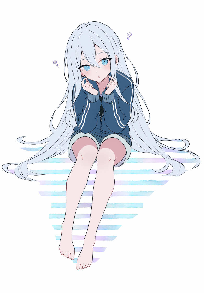 1girl, ?, absurdres, black_shirt, blue_eyes, blue_jacket, blush, full_body