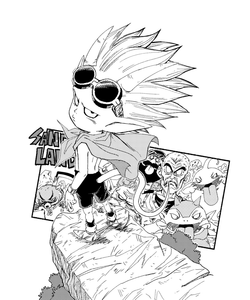 4boys, animal, beard, beelzebub_(sand_land), boots, bracelet, bush, cape