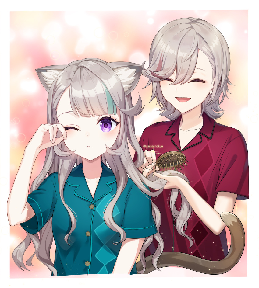 1boy, 1girl, absurdres, alternate_costume, alternate_hairstyle, animal_ears, blush, brother_and_sister