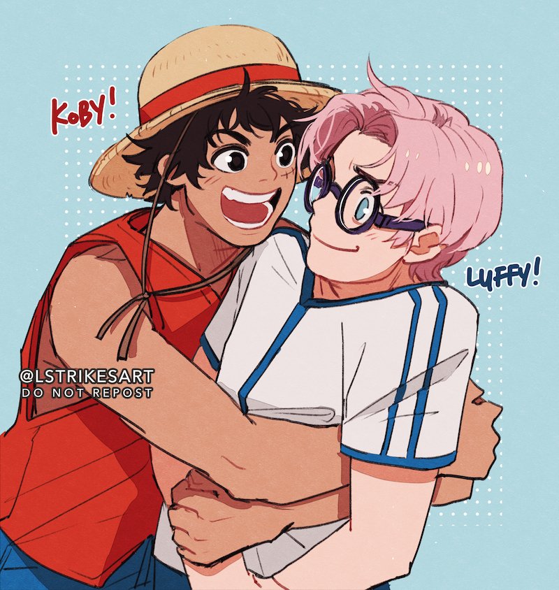 2boys, black_eyes, black_hair, blue_eyes, coby_(one_piece), glasses, hat, lightningstrikes