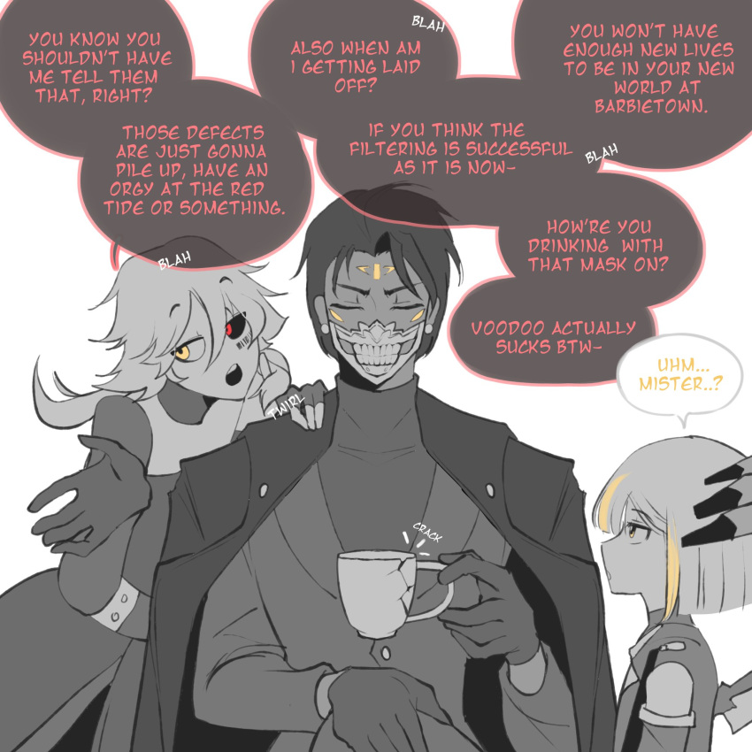 1girl, 2boys, barcode, barcode_tattoo, black_sclera, blah_blah_blah, cinderelik_(punishing:_gray_raven), closed_eyes