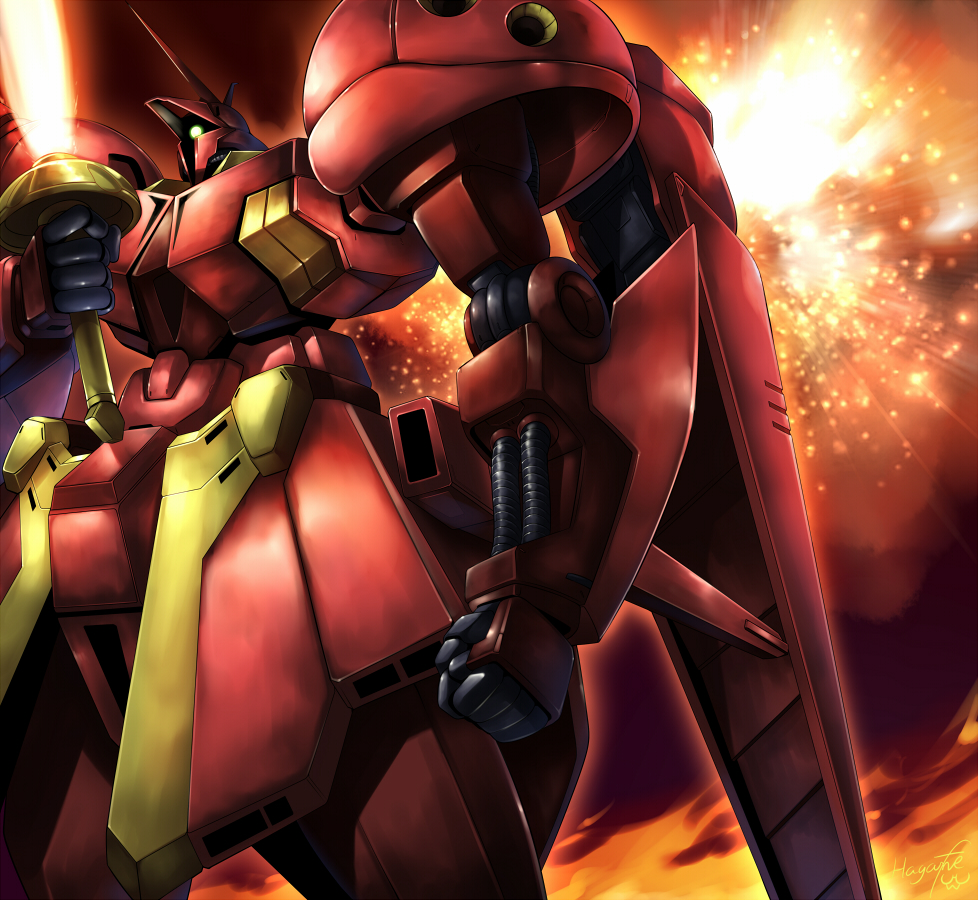 beam_saber, clenched_hand, commentary_request, debris, fighting_stance, glowing, glowing_eye, gundam