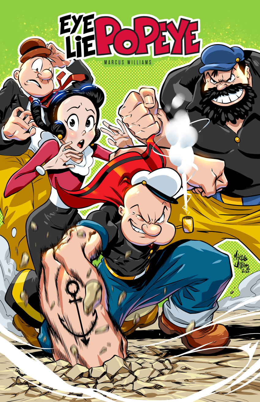 1girl, 2022, 3boys, absurdres, anchor_tattoo, animification, arm_tattoo, artist_name, bald, beard, belt, black_hair, black_jacket, black_skirt, blue_headwear, blue_pants, bluto, brown_footwear, brown_headwear, clenched_hand, commentary, copyright_name, cover, crack, cracked_floor, debris, earrings, english_commentary, facial_hair, facing_viewer, green_background, hat, highres, jacket, jewelry, landing_impact, light_blush, long_skirt, marcus_williams, multiple_boys, muscular, muscular_male, mustache, neckerchief, necktie, official_art, olive_oyl_(popeye), pants, pink_lips, popeye, popeye_the_sailor, red_neckerchief, red_necktie, red_shirt, shirt, shoes, short_hair, signature, skirt, smoke, smoking_pipe, surprised, tattoo, white_headwear, white_shirt, wimpy_(popeye), yellow_belt, yellow_pants