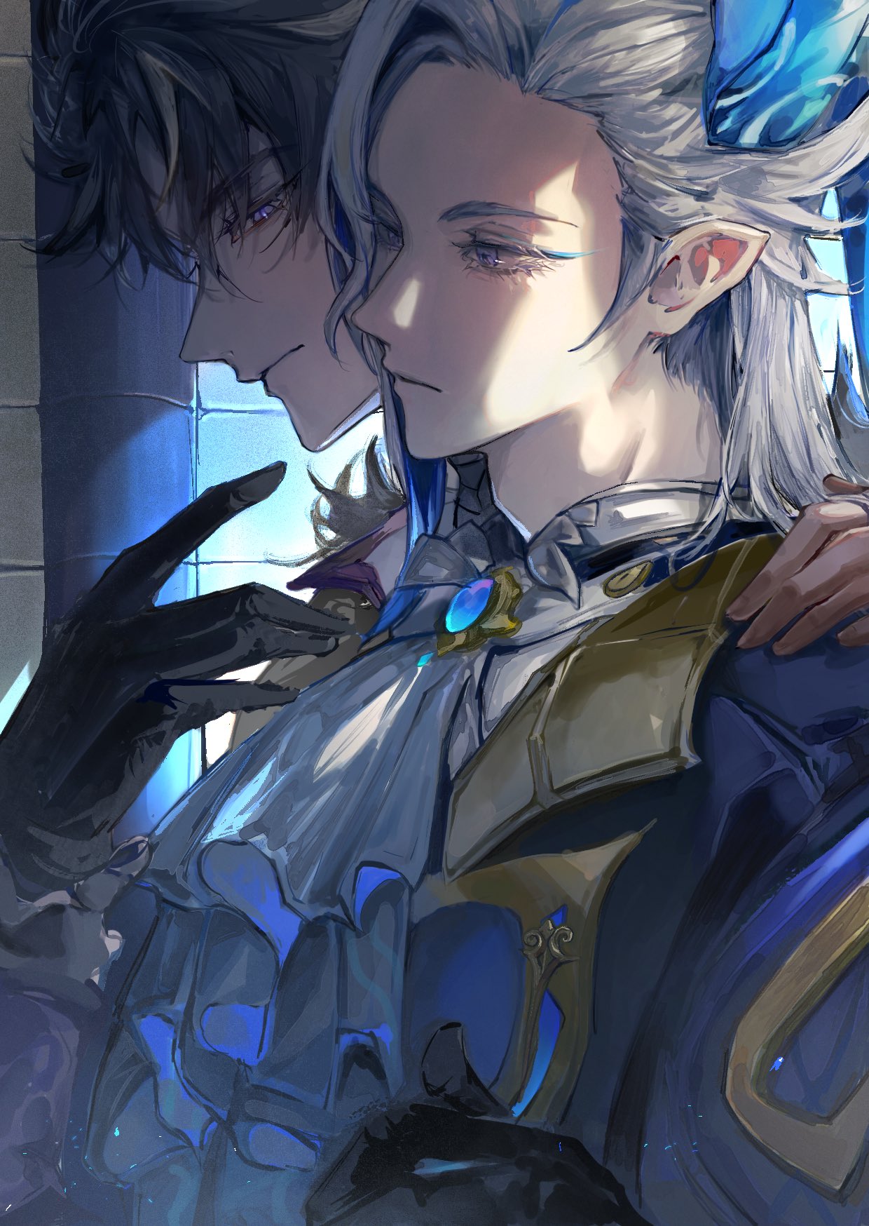 2boys, ascot, black_gloves, black_hair, blue_sleeves, closed_mouth, english_commentary, genshin_impact, gloves, hand_on_another's_shoulder, highres, long_hair, long_sleeves, looking_at_another, male_focus, msao, multicolored_hair, multiple_boys, neuvillette_(genshin_impact), pointy_ears, short_hair, streaked_hair, upper_body, white_ascot, white_hair, wriothesley_(genshin_impact), yaoi