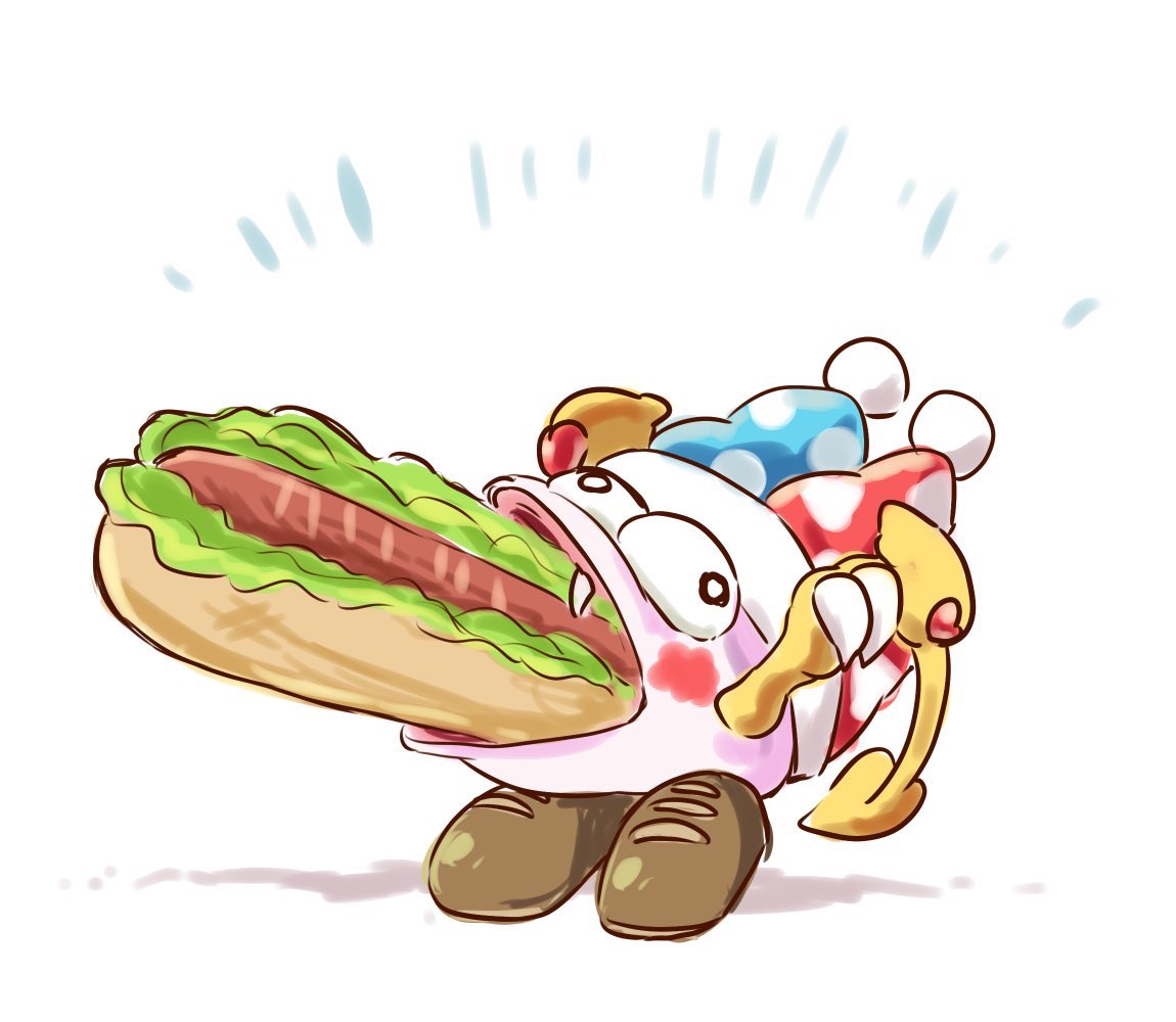 1boy, blue_headwear, blush_stickers, brown_footwear, claws, colored_skin, commentary_request, eating