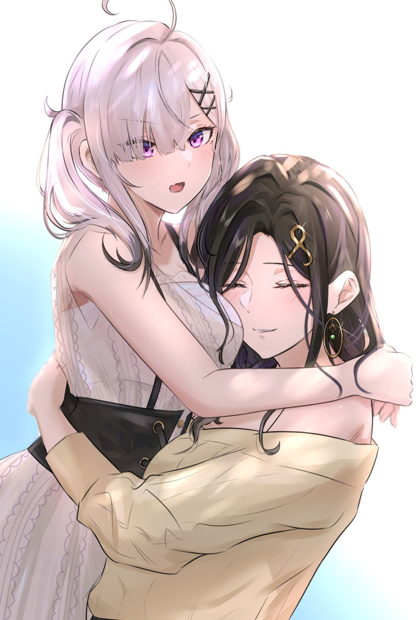 2girls, ahoge, black_hair, blush, breasts, carrying, carrying_person, closed_eyes